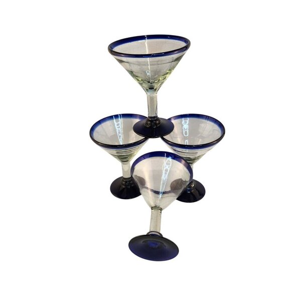 Retro MEXICO Hand Blown Cobalt Rim & Foot 12oz Stemmed MARTINI GLASSES Set of 4 - Picture 10 of 10